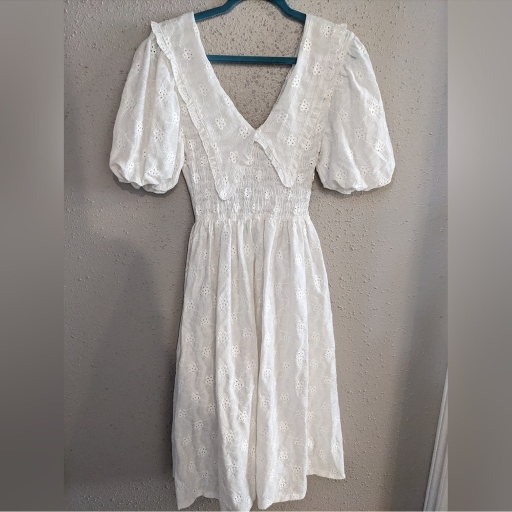 Zara White Eyelet Midi Peter Pan Collar Puff Sleeve Dress